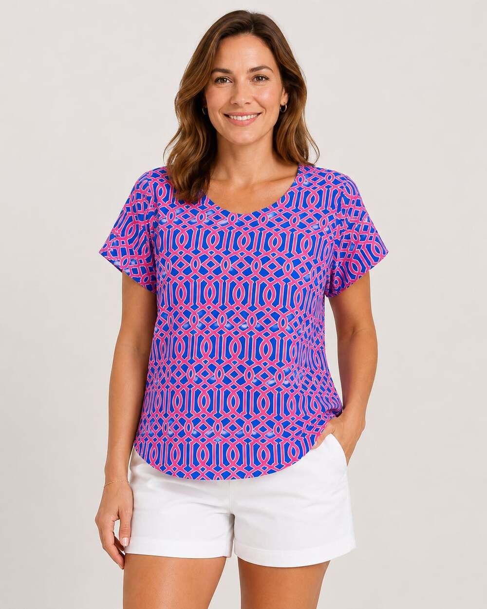 Anthony's Resort Wear Blue Pink Geometric Print Short Sleeve Top Size M